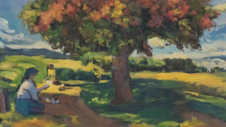 oil painting \(medium\), a woman making a picknick under the shadow of a tree in a tuscan landscape, 4k, masterpiece