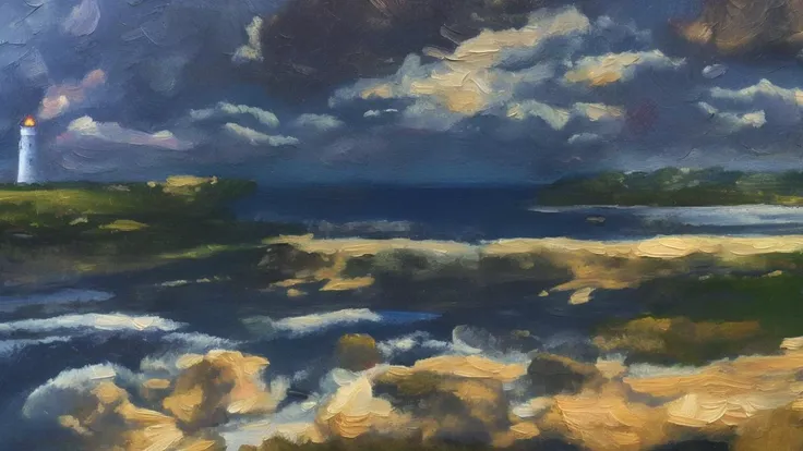 oil painting \(medium\), a lighthouse that emits a ray of light in a stormy night, coast, 4k, masterpiece
