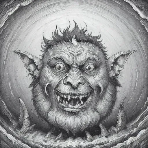 garychalk style, ugly goblin, vicious, focus on face, smiling, monochrome, fantasy, <lora:Gary_Chalk_style:1>