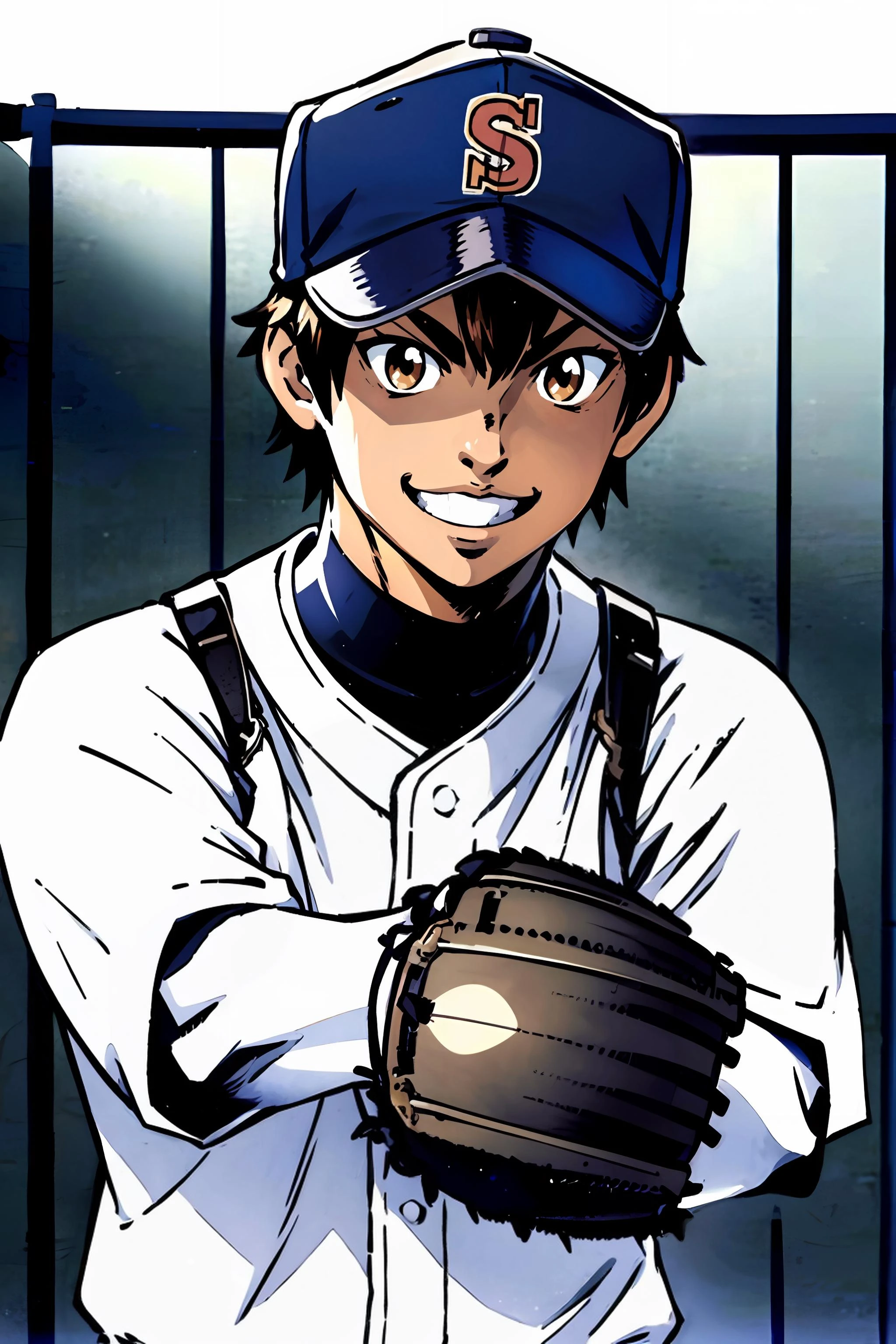 1boy, portrait, upper body, brown_eyes, baseball uniform, baseball cap, smiling, baseball mitt, full body