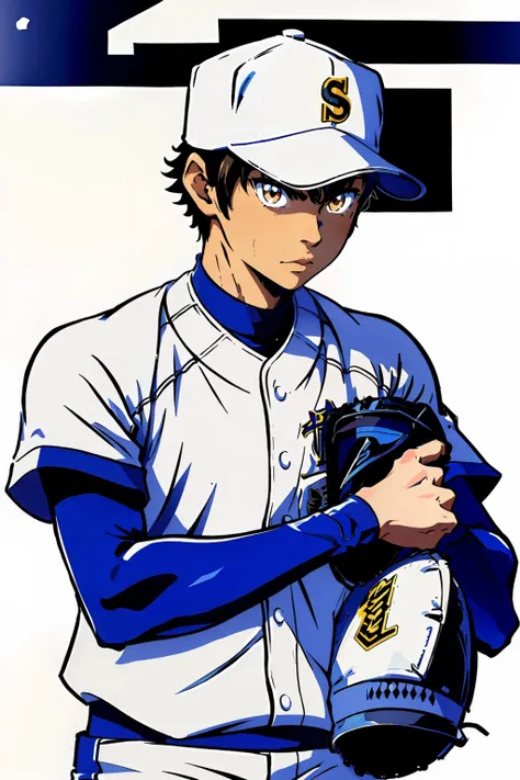 solo, looking at viewer, simple background, black hair, 1boy, hat, white background, brown eyes, upper body, male focus, shaded face, baseball cap, blue headwear, sportswear, baseball uniform, <lora:sawamura_eijun_lora:0.8>