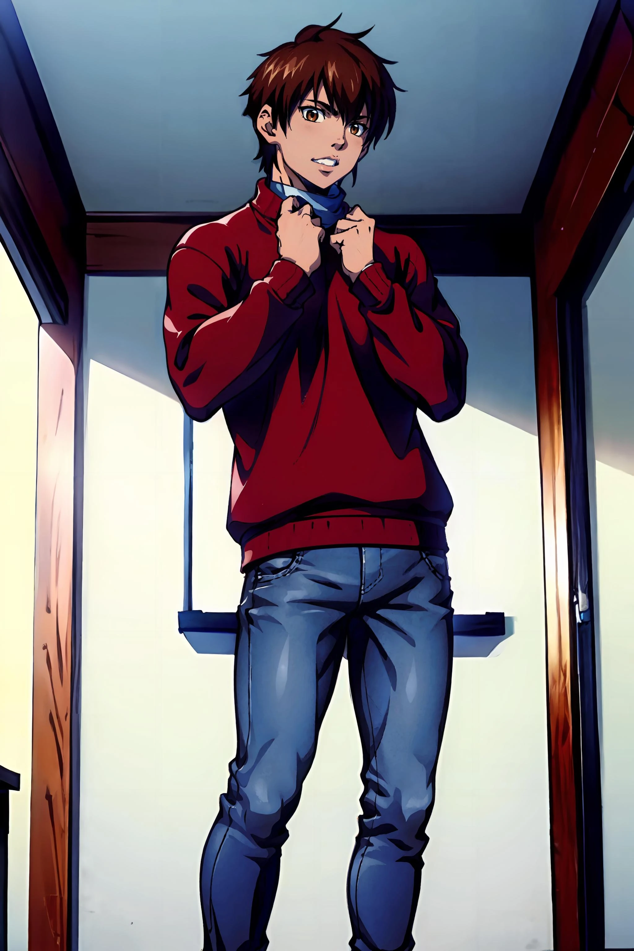 1boy, fullbody, blue_jean, red_sweater, brown_hair, brown_eyes, looking at viewer, <lora:sawamura_eijun_lora:0.8>