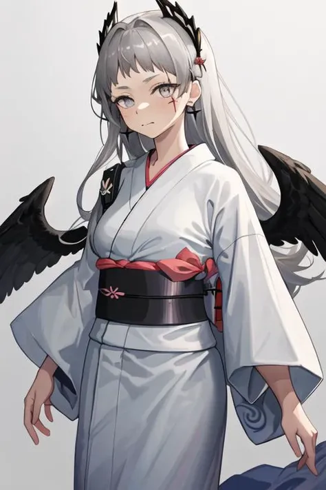 best quality, masterpiece, highres, solo, {yukata:1.40}, {kimono:1.20}, {irene_arknights:1.15}, long_hair, grey_hair, head_wings, scar, scar_across_eye, grey_eyes, earrings, jewelry, scar_on_face, closed_mouth, upper_body, very_long_hair