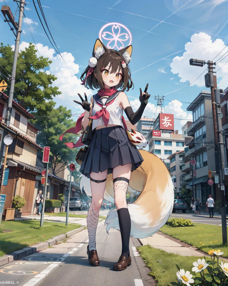 masterpiece, best quality, highly detailed,absurdres, anime,Dark Atmosphere
,,
,full body,
, outdoors, park,grass,sakura tree,
, solo
,
,standing,
, <lora:kudaIzuna:1:lbw=CHARA>,,izunaSerafuku, izuna (blue archive), animal ears, fox ears, tail, school uniform, fox tail, halo, gloves, fang, fishnets, scarf, fox girl, yellow eyes, serafuku, japanese clothes, fishnet thighhighs, animal ear fluff, black hair, floral print, short hair, brown hair, skin fang, blue skirt, hair ornament, sleeveless, single thighhigh, black gloves, neckerchief, pleated skirt, fox shadow puppet,