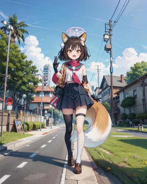 masterpiece, best quality, highly detailed,absurdres, anime,Dark Atmosphere
,,
,full body, 
,  outdoors, park,grass,tree
, 
,
,standing, 
,   <lora:kudaIzuna:1:lbw=CHARA>,,izunaSerafuku, izuna (blue archive), animal ears, fox ears, tail, school uniform, fox tail, halo, gloves, fang, fishnets, scarf, fox girl, yellow eyes, serafuku, japanese clothes, fishnet thighhighs, animal ear fluff, black hair, floral print, short hair, brown hair, skin fang, blue skirt, hair ornament, sleeveless, single thighhigh, black gloves, neckerchief, pleated skirt, fox shadow puppet,