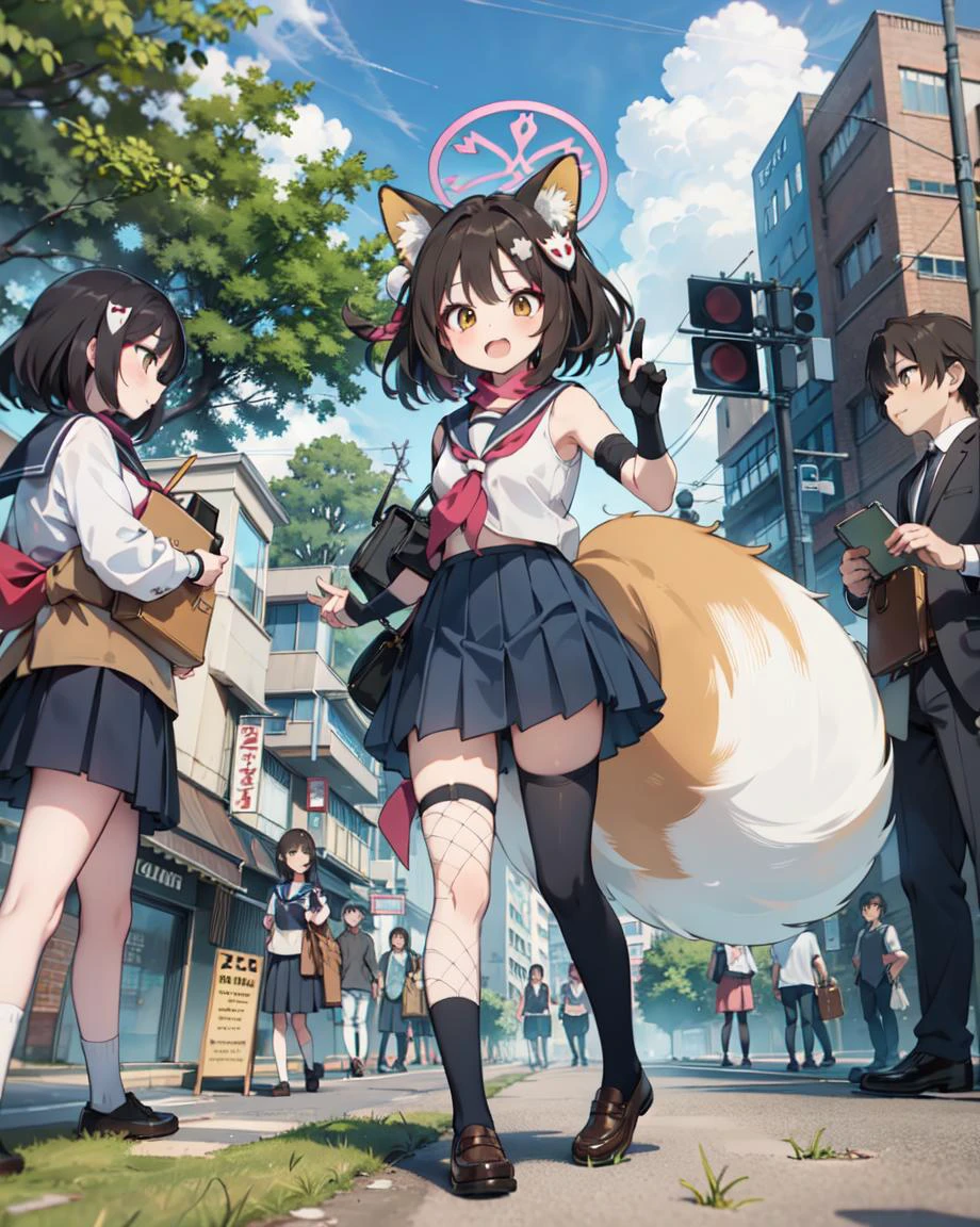 masterpiece, best quality, highly detailed,absurdres, anime,Dark Atmosphere
,,
,full body,
, outdoors, park,grass,tree
, solo focus
,
,standing,
, <lora:kudaIzuna:1:lbw=CHARA>,,izunaSerafuku, izuna (blue archive), animal ears, fox ears, tail, school uniform, fox tail, halo, gloves, fang, fishnets, scarf, fox girl, yellow eyes, serafuku, japanese clothes, fishnet thighhighs, animal ear fluff, black hair, floral print, short hair, brown hair, skin fang, blue skirt, hair ornament, sleeveless, single thighhigh, black gloves, neckerchief, pleated skirt, fox shadow puppet,