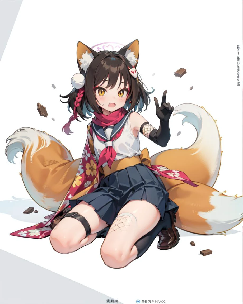 masterpiece, best quality, highly detailed,absurdres, anime,Dark Atmosphere
,,
,full body,
,
,
,
,
, <lora:kudaIzuna:1>,,izunaSerafuku, izuna (blue archive), animal ears, fox ears, tail, school uniform, fox tail, halo, gloves, fang, fishnets, scarf, fox girl, yellow eyes, serafuku, japanese clothes, fishnet thighhighs, animal ear fluff, black hair, floral print, short hair, brown hair, skin fang, blue skirt, hair ornament, sleeveless, single thighhigh, black gloves, neckerchief, pleated skirt, fox shadow puppet,