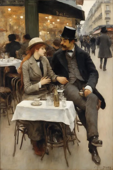 Jules Bastien-Lepage Style - paris, cafe scene, love is in the air, decadence, made communally by toulouse-lautrec and renoir and dali