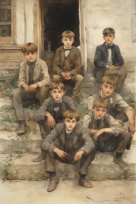 Jules Bastien-Lepage Style - school, boys, 13-14 years old, gathering, 1900's, Europe, watercolor illustration style