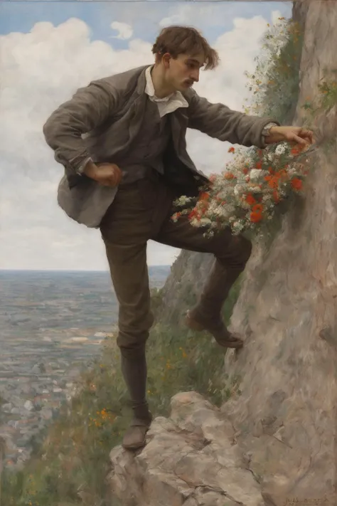 Jules Bastien-Lepage Style - oil painting of man on the edge of a precipice throwing flowers over the edge, Style of Jules Bastien-Lepage