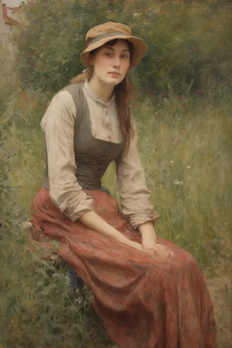 Jules Bastien-Lepage Style - woman is in a painting of Camille Pissarro ; Employ professional color grading techniques to enhance the beige tones of the image and make the reds pop. Use a 35mm lens at f/16 with a 1-second exposure time at ISO 1000