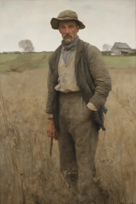 Jules Bastien-Lepage Style - highly detailed painting, style by andrew wyeth, a middle-aged farmer in a rural field