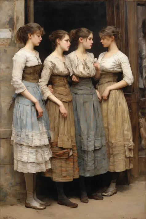 Jules Bastien-Lepage Style - 19th century, seven ypung adult girls stand in a row, in line, in front of a Master who checks their outfit and readiness to dance