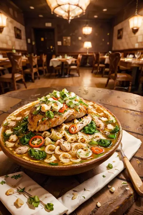 perfect composition,masterpiece, high quality, best quality, RAW photo, chicken nnoodle soup, <lora:foodphoto:1> foodphoto, dslr, soft lighting, high quality, film grain, Fujifilm XT,fine dining restaurant, on clean table