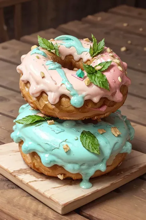 masterpiece, high quality, best quality, blue bubble gum donuts on wooden table strawberry mint leaf, foodphoto,, <lora:foodphoto:0.8>