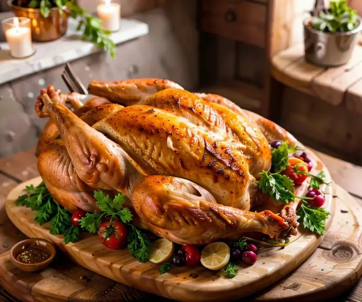 Cooked whole turkey on a table, RAW, Realistic, HD, 4k, 8k,  <lora:foodphoto:0.8> foodphoto   <lora:epiCRealismHelper:0.8>