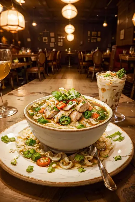 perfect composition,masterpiece, high quality, best quality, RAW photo, chicken nnoodle soup, <lora:foodphoto:1> foodphoto, dslr, soft lighting, high quality, film grain, Fujifilm XT,fine dining restaurant, on clean table