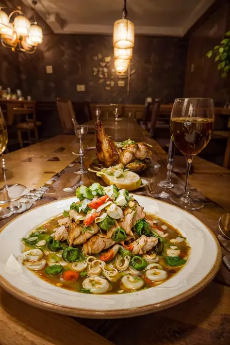 perfect composition,masterpiece, high quality, best quality, RAW photo, chicken nnoodle soup, <lora:foodphoto:1> foodphoto, dslr, soft lighting, high quality, film grain, Fujifilm XT,fine dining restaurant, on clean table
