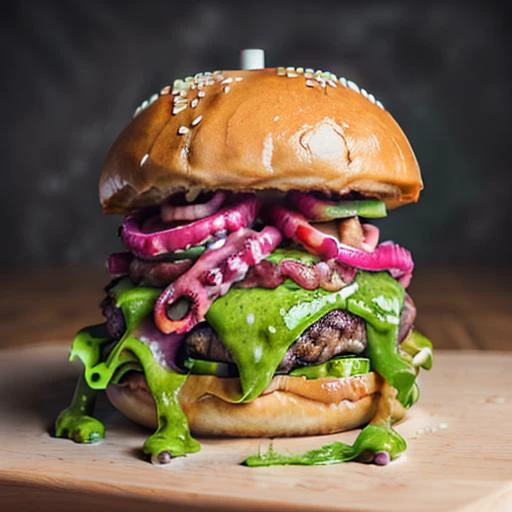 <lora:foodPhotography_v10:0.8> RAW photo of burger (with tentacles:1.3) , green lumps,  foodphoto, dslr, soft lighting, high quality, film grain, Fujifilm XT