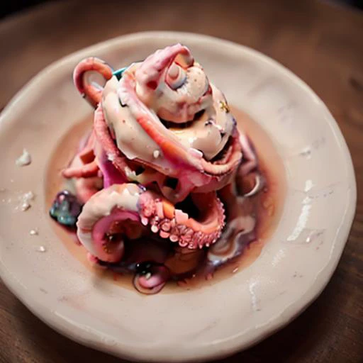 <lora:foodPhotography_v10:0.8> RAW photo of ice cream with (tentacles:1.3) , lumps, sloppy, foodphoto, dslr, soft lighting, high quality, film grain, Fujifilm XT