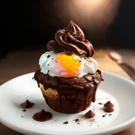 RAW photo, chocolate ice cream with a fried egg in a chocolate ice cream cone, <lora:foodphoto:0.4> foodphoto, dslr, soft lighting, high quality, film grain, Fujifilm XT, Soft Defused Light, pores, wrinkles, intricate