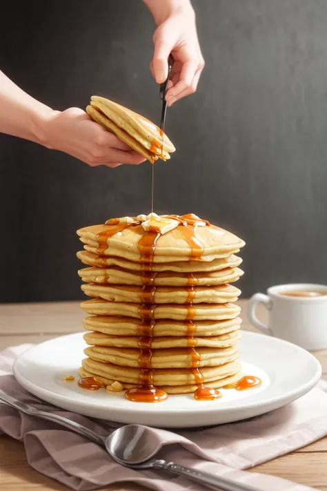 masterpiece, high quality, best quality, pancakes poured with maple syrup, (thin pancakes), foodphoto, <lora:foodphoto:0.6>,