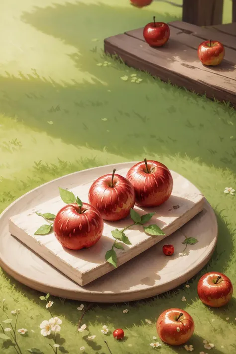 masterpiece, high quality, best quality, Red apples, lying on the grass, foodphoto, <lora:foodphoto:0.6>,
