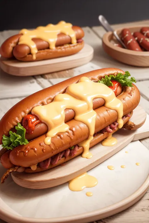 masterpiece, high quality, best quality, hot dog, ketchup and mustard, foodphoto, <lora:foodphoto:0.6>,