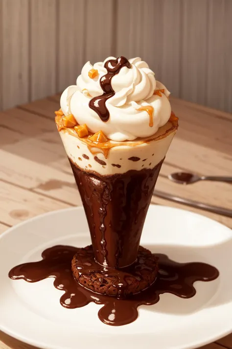 masterpiece, high quality, best quality, chocolate ice cream with marmalade, cone, foodphoto, <lora:foodphoto:0.6>,