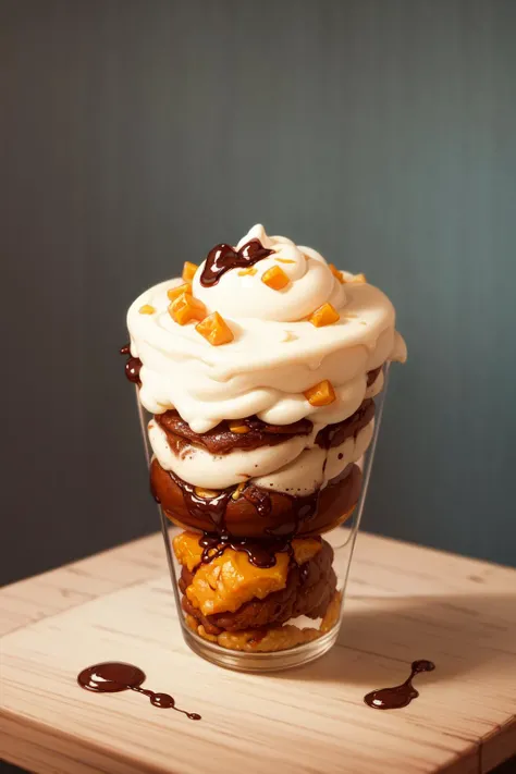 masterpiece, high quality, best quality, chocolate ice cream with marmalade, cone, foodphoto, <lora:foodphoto:0.6>,