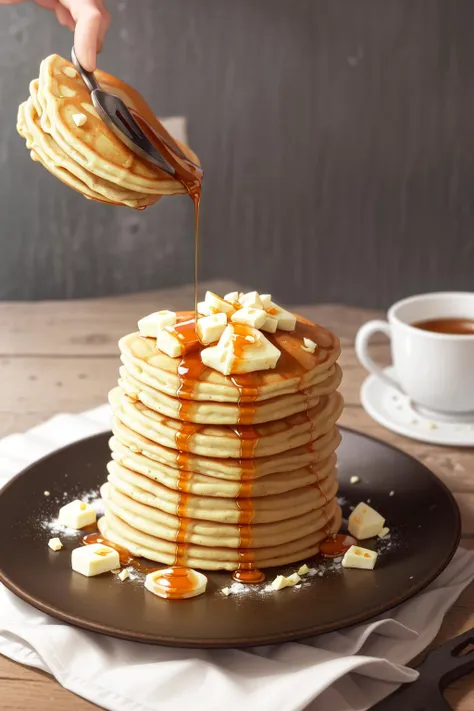 masterpiece, high quality, best quality, pancakes poured with maple syrup, (thin pancakes), foodphoto, <lora:foodphoto:0.6>,