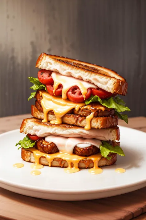 masterpiece, high quality, best quality, sandwich with sausage and grilled cheese, foodphoto, <lora:foodphoto:0.6>,