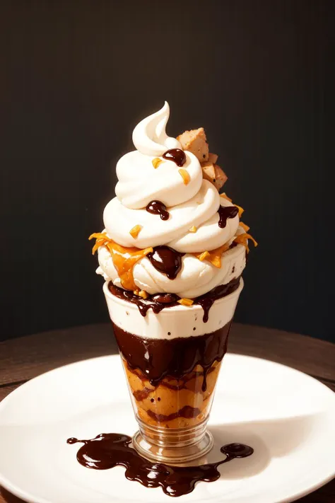 masterpiece, high quality, best quality, chocolate ice cream with marmalade, cone, foodphoto, <lora:foodphoto:0.6>,