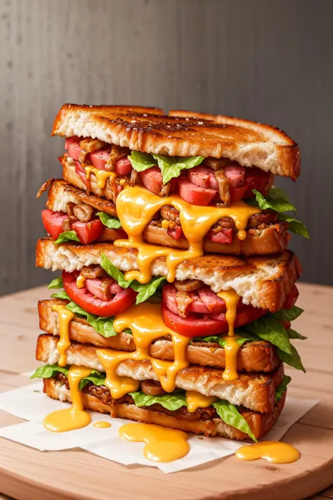 masterpiece, high quality, best quality, sandwich with sausage and grilled cheese, foodphoto, <lora:foodphoto:0.6>,