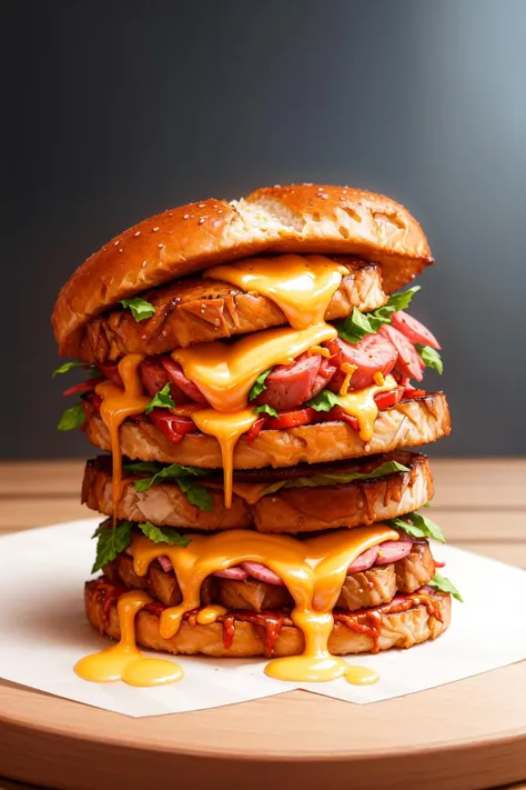 masterpiece, high quality, best quality, sandwich with sausage and grilled cheese, foodphoto, <lora:foodphoto:0.6>,
