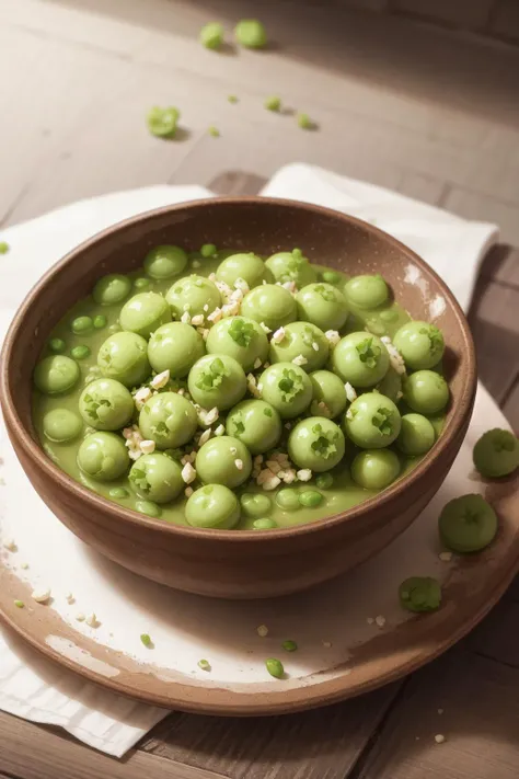 masterpiece, high quality, best quality, green peas, on the table, foodphoto, <lora:foodphoto:0.6>,