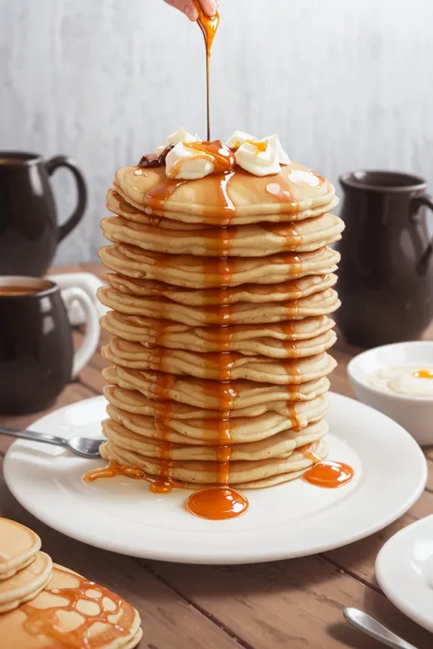masterpiece, high quality, best quality, pancakes poured with maple syrup, (thin pancakes), foodphoto, <lora:foodphoto:0.6>,