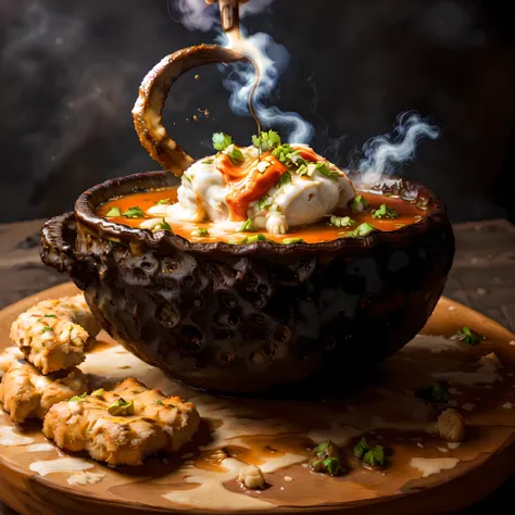 Lunar Lava Soup , A sizzling bowl of volcanic soup, simmering with the flavors of molten moon rocks, alien herbs, and lunar fungi. Accompanied by asteroid breadsticks, foodphoto <lora:foodphoto:1>, <lora:epiNoiseoffset_v2:1>
