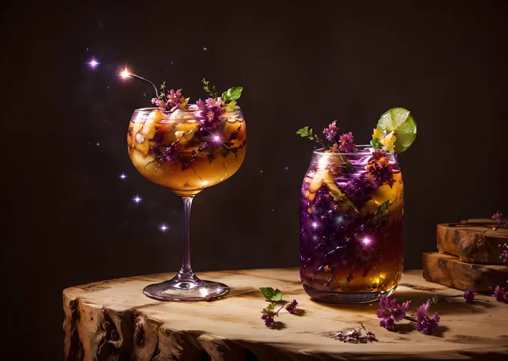 Nebula Nectar Elixir: A luminous drink crafted from the sweet essence of Nebula Nectar flowers, harvested on the outskirts of a distant star system. Infused with ethereal energy particles and served in a crystalline glass that glows with vibrant hues, placed delicately on a rustic wooden table. HDR, foodphoto <lora:foodphoto:1>, <lora:epiNoiseoffset_v2:1>