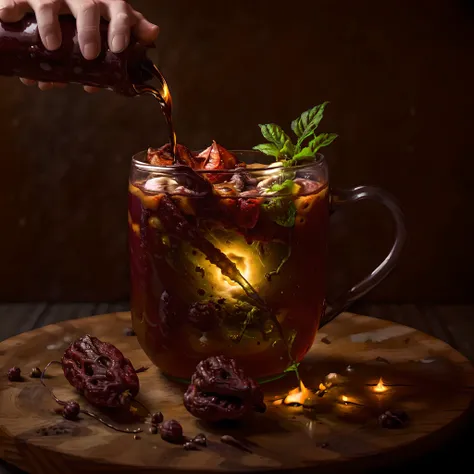 Alien Infusion Beverage, out-of-this-world drink, alien elixir, combines the extracts of rare extraterrestrial plants, infused with ionized energy from a distant nebula. Served in a glowing glass vessel, glowing, HDR, low, foodphoto <lora:foodphoto:1>, <lora:epiNoiseoffset_v2:1>