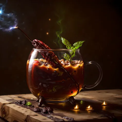 Alien Infusion Beverage, out-of-this-world drink, alien elixir, combines the extracts of rare extraterrestrial plants, infused with ionized energy from a distant nebula. Served in a glowing glass vessel, glowing, HDR, low, foodphoto <lora:foodphoto:1>, <lora:epiNoiseoffset_v2:1>
