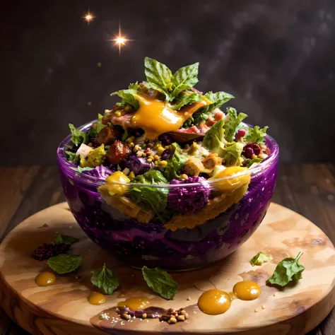 Cosmic Nebula Salad , A vibrant mix of celestial greens, interstellar fruits, and extraterrestrial spices, topped with stardust,infused dressing. Served with edible meteorite croutons, foodphoto <lora:foodphoto:1>, <lora:epiNoiseoffset_v2:1>