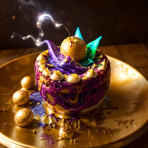 Alien Ambrosia Pudding , A divine dessert straight from the alien heavens, comprising ethereal fruits, ambrosia syrup, and mythical stardust, served in a shimmering cosmic chalice, foodphoto <lora:foodphoto:1>, <lora:epiNoiseoffset_v2:1>