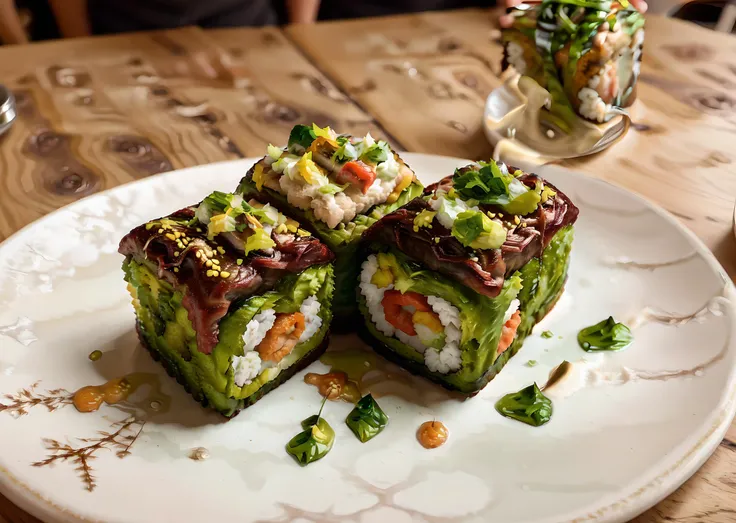 film grain, Fujifilm XT, Alien Nebula Sushi Roll, a fusion of Earth and extraterrestrial flavors, featuring delicate strips of alien seaweed, moon rock rice, and a medley of cosmic fillings. Served with wasabi from a distant galaxy, foodphoto <lora:foodphoto:1>, <lora:epiNoiseoffset_v2:1>