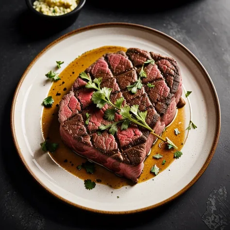 RAW photo, t-bone steak medium rare, garlic butter on top as a culinary dish, foodphoto, professional colour grading, soft shadows, no contrast, clean sharp focus, foodphoto, <lora:foodphoto:0.3>