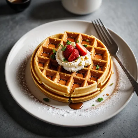 RAW photo, waffles, foodphoto, professional colour grading, soft shadows, no contrast, clean sharp focus, foodphoto, <lora:foodphoto:0.3>