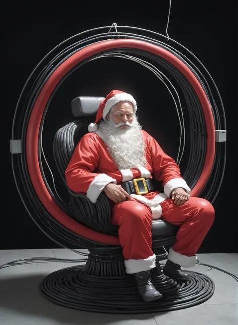 AiOverlordSanta, Santa clause sits in a circular chair next to some wires, in the style of hyper-realistic sci-fi, ben goossens, ricoh r1, made of rubber, jeffrey smart, eye-catching, internet-inspired, <lora:DuskAIOVERLORD_XL:0.9>