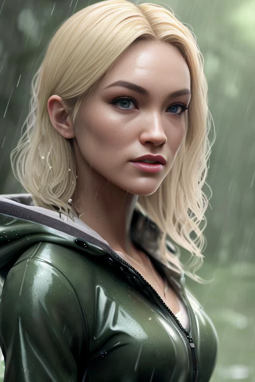 outside in the rain, soaking wet, dank swamp, lyralaw, (detailed facial features:1.15), Unreal Engine 5, 8K, blonde hair , HDR, amazing detail, intricate details, shallow depth of field, reflections, art by artgerm and greg rutkowski