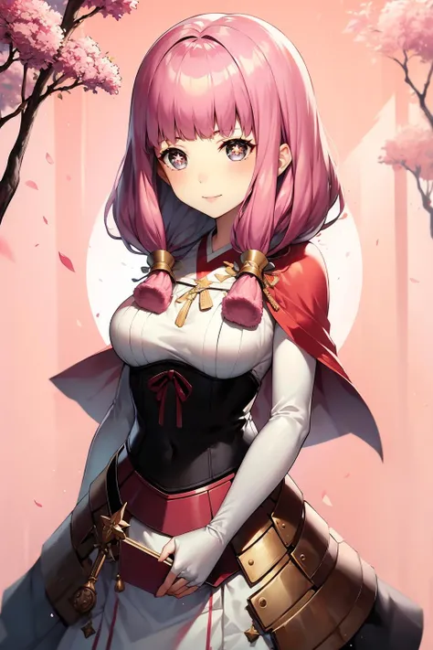 masterpiece, best quality, mitama, pink hair, star-shaped pupils, hair ornament, capelet, armored dress, standing, cherry blossoms, abstract background, looking at viewer, smile <lora:mitama-nvwls-v1-000010:1.0>