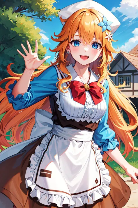 masterpiece, best quality, highres, oe1, hair flower, earrings, waist apron, red bow, brown skirt, frills, head scarf, white apron, shirt, frilled apron, <lora:otogibara_era_v1:0.7>, smile, cowboy shot, standing, outdoors, waving, open mouth,
